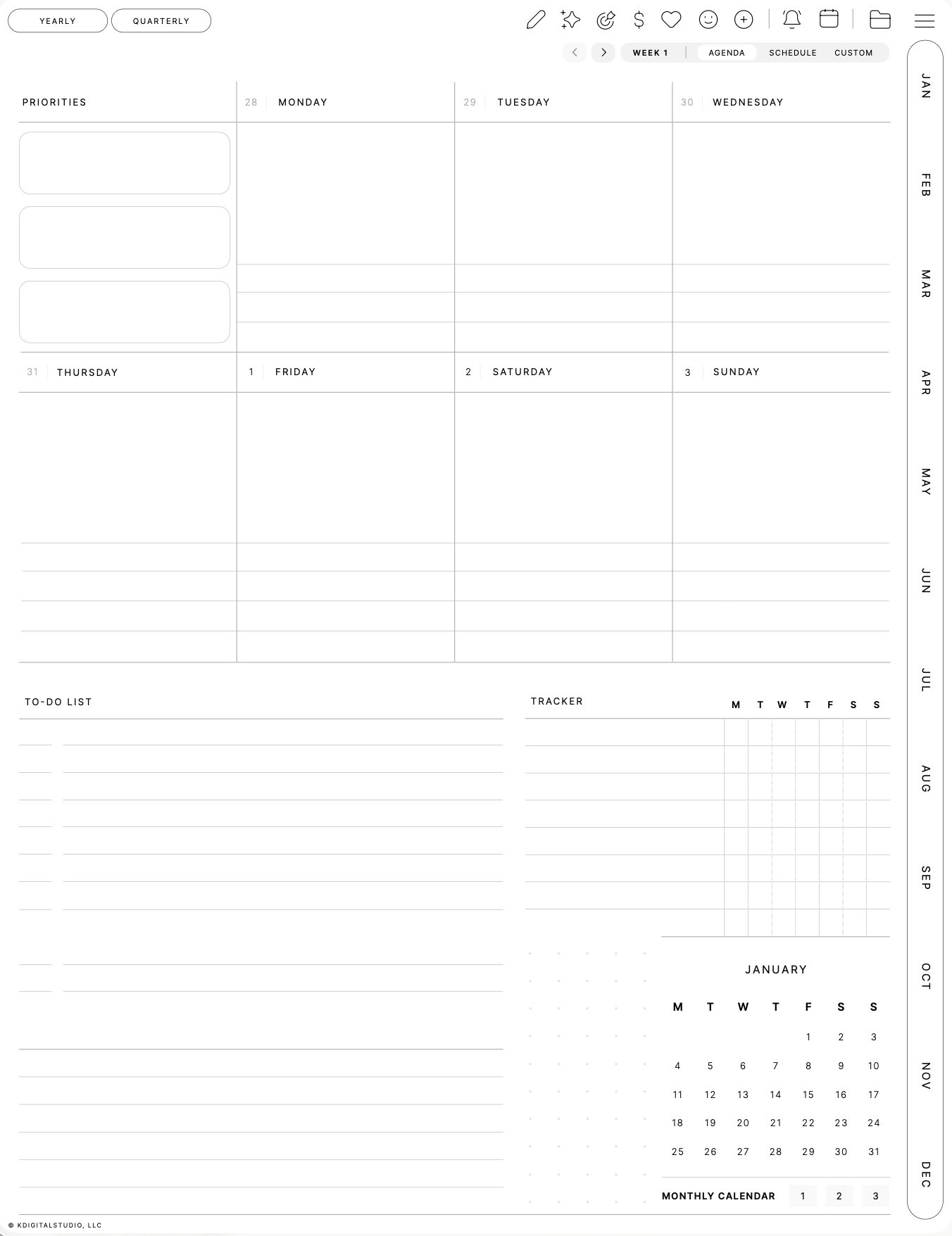 Dashboard weekly agenda, Portrait · Light